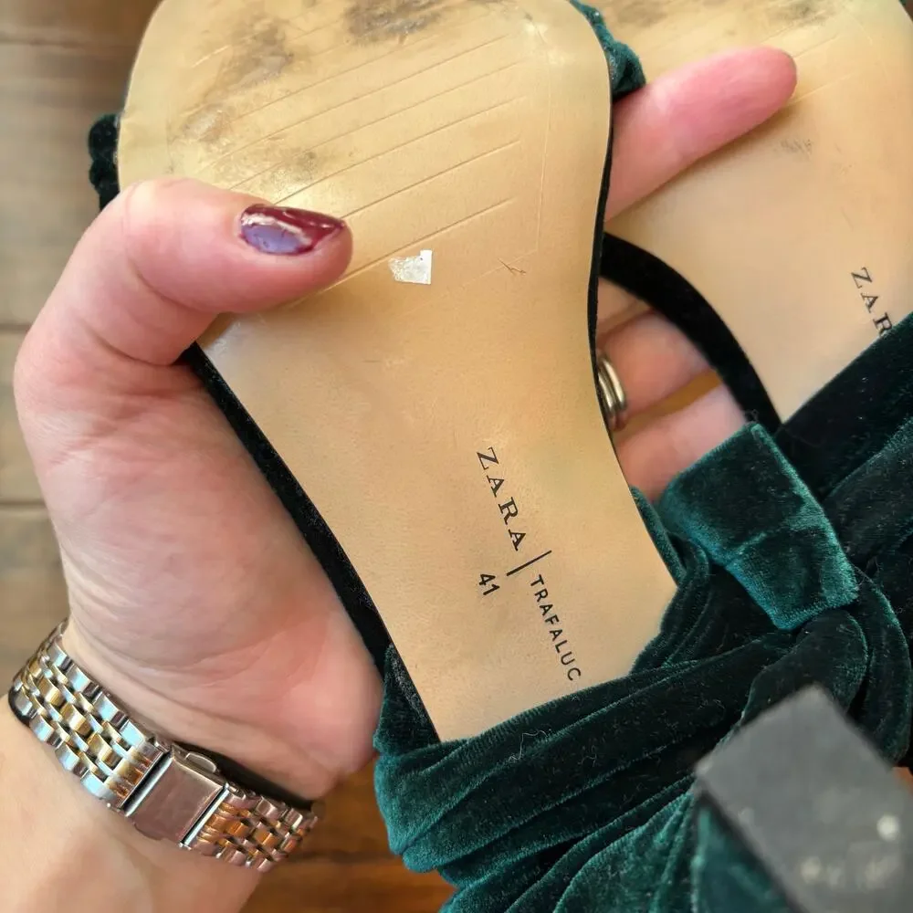 ZARA Emerald Green Velvet Bow Sandals Lace Up Ankle Tie Block Heels Size‎ 10